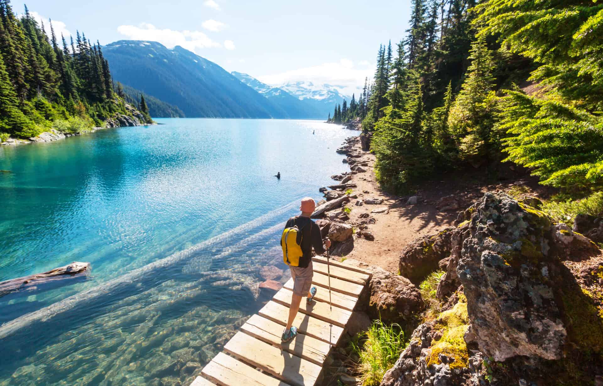 Man hiking at beautiful lake in Canada