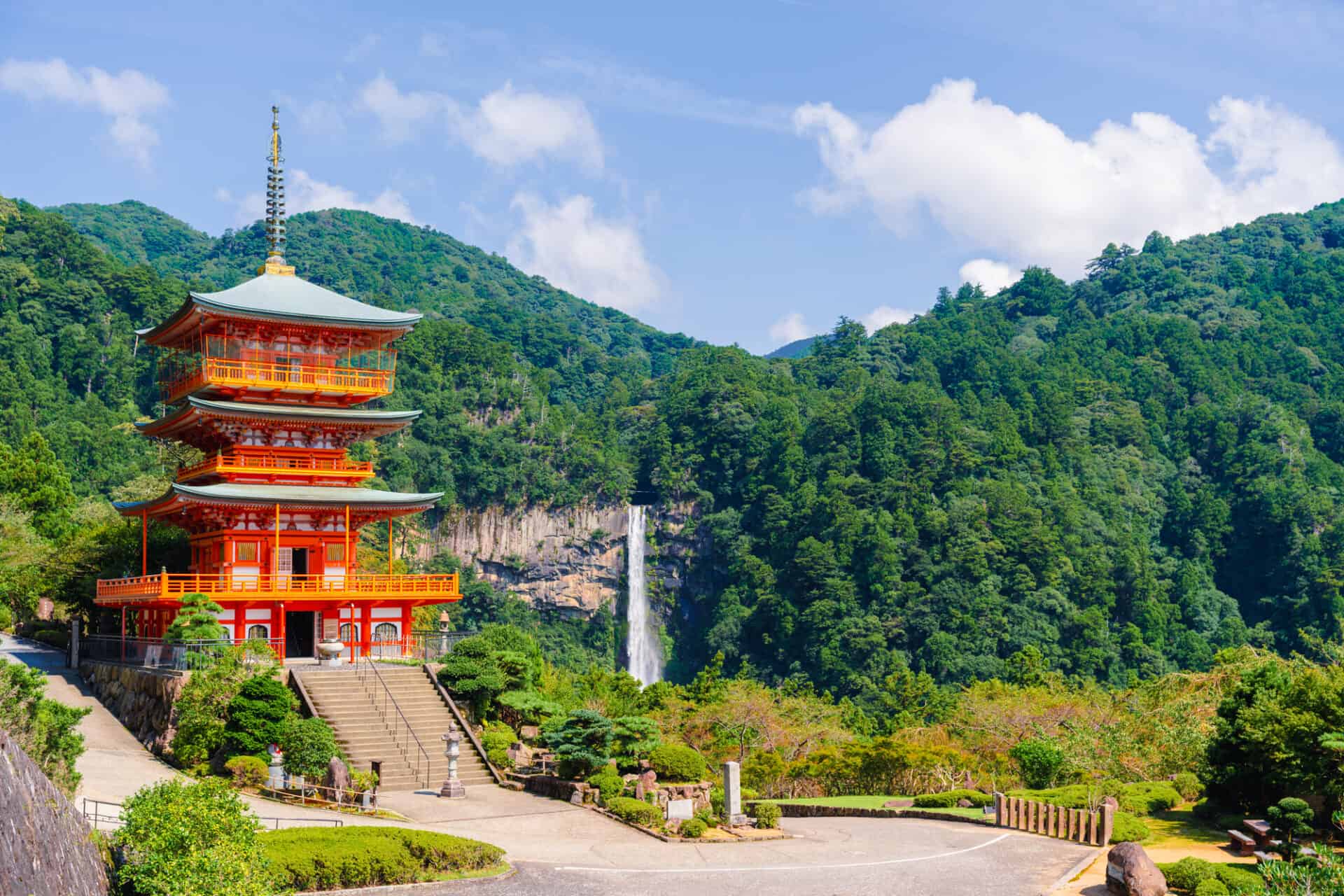 Kumano Kodo. Nachi Falls, Japan. Waterfall and red temple. 