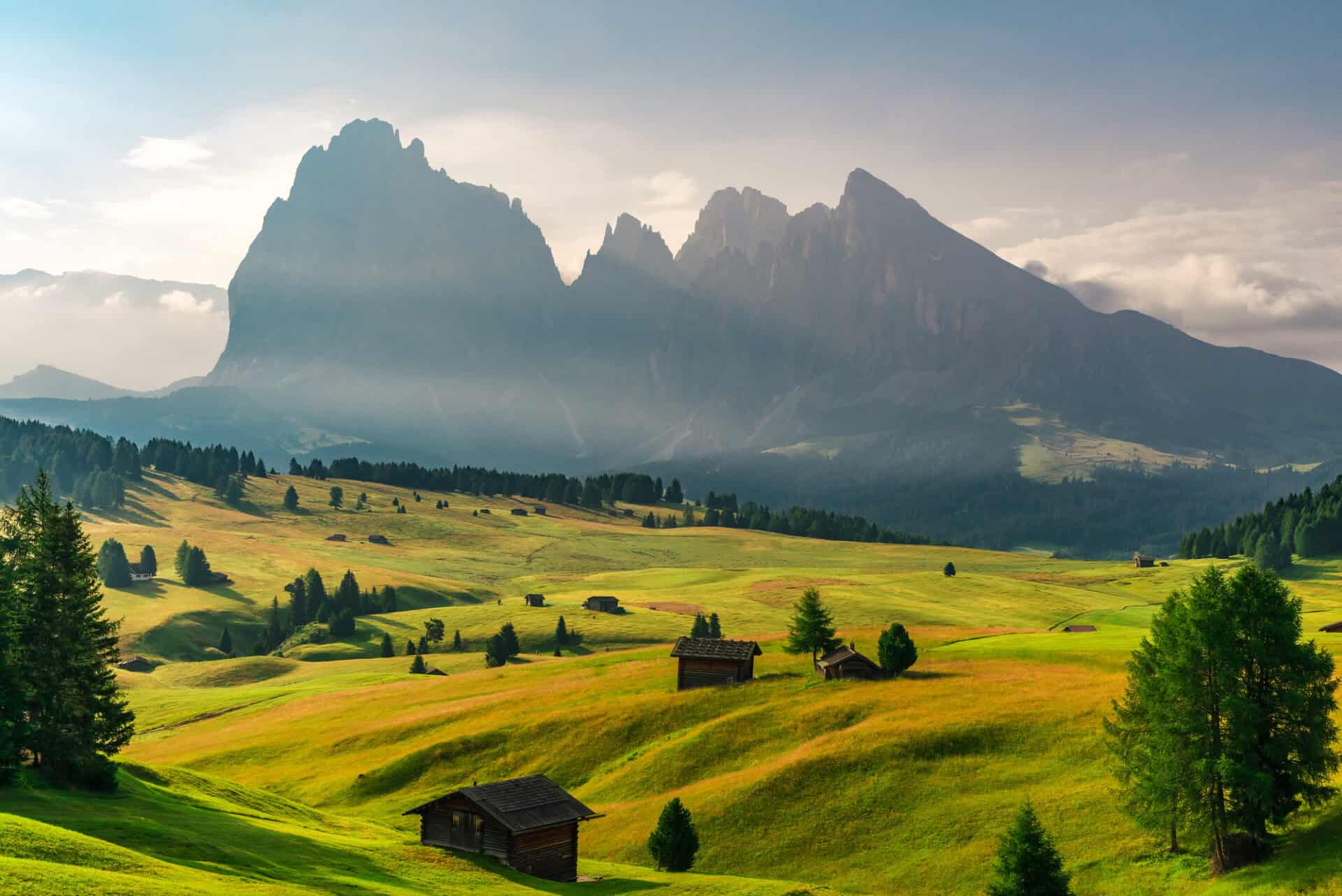 Summer sunrise in Italian Dolomiti Alps, Italy, the Seiser Alm is one of the most beautiful Alpine pastures.