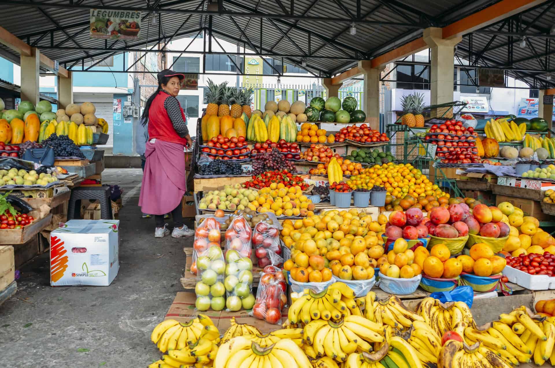 Slow Travel: Colorful and fresh fruits and vegetables on a local market in South America.