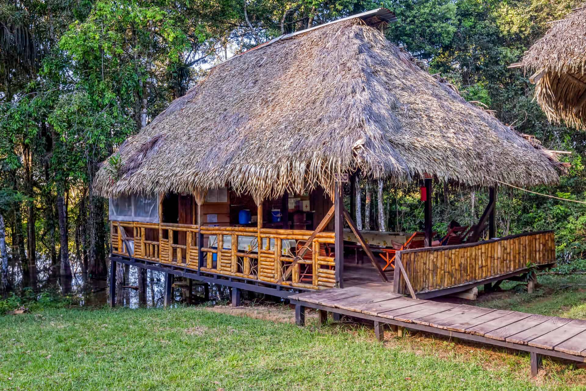 Eco Lodge made from bamboo in jungle. Sustainable accommodation: eco-friendly places to stay.
